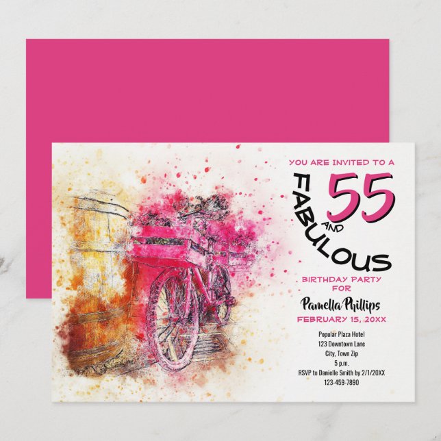Vélo rétro rose aquarelle pour fille, carte d'anni (Devant / Derrière)