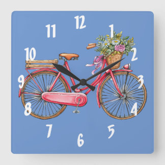 Vélo rose et panier Carré Horloge murale