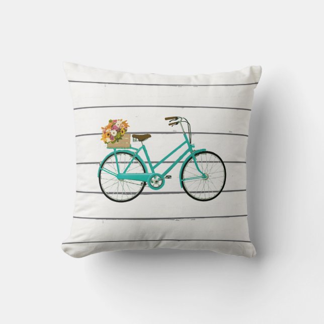 Vélo vintage avec Fleurs Coussin Turquoise (Recto)