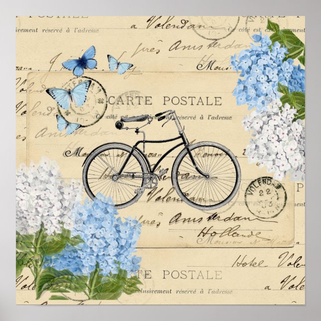 Vélo vintage Blue Hydrangeas Paris Art Poster (Devant)