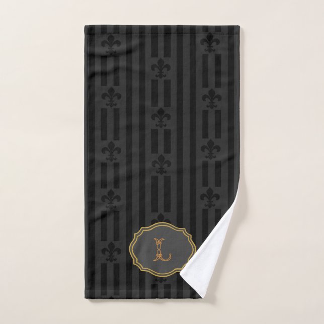 Velours noir Fleur de Lis Monogram Serviette à mai (Serviette à main)