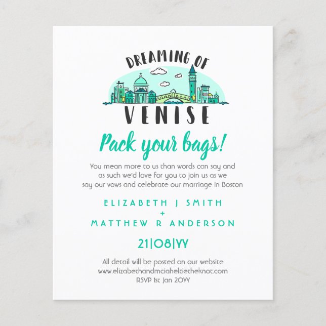 VENISE Mariage dessinée Skyline Invitation moderne (Devant)