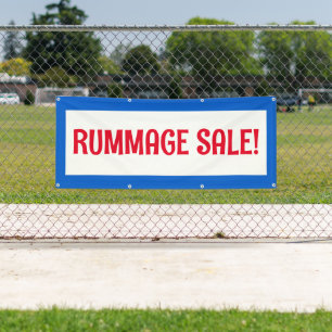 Vente de rummage ! Bannière rouge blanc et bleu