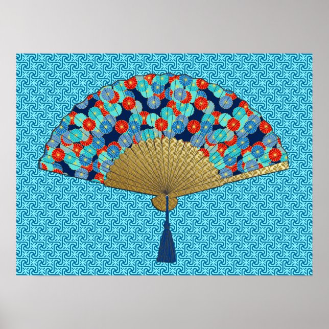 Ventilateur déco - Fleurs en Cobalt, Turquoise et  (Devant)