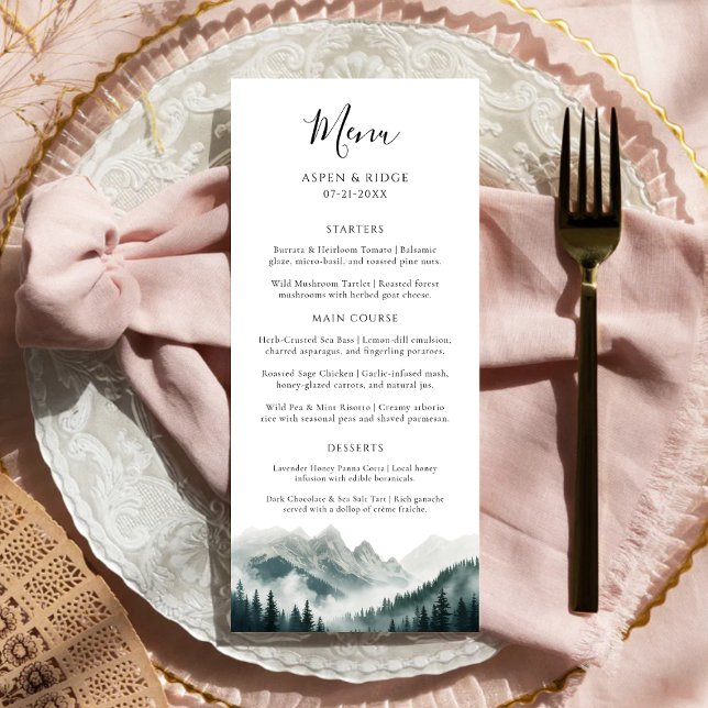 Verdant Peaks Misty Forest Watercolor Wedding Menu (Créateur téléchargé)