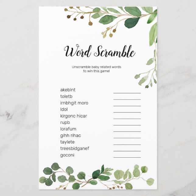 Verdure florale Aquarelle Word Scramble Jeu (Devant)