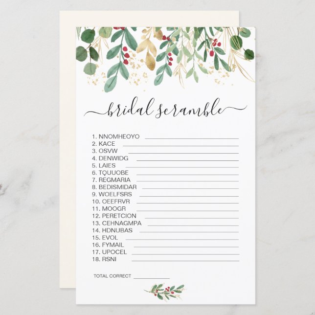 Verdure Foliage Word Scramble Fête des mariées Jeu (Devant / Derrière)