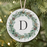 Verdure hivernale rustique Monogramme Wreath Bois<br><div class="desc">Elégant "Joyeux Noël" rond ornement de vacances acrylique design dispose d'un chic rustique arrière - plan à grains de bois blanc avec une couronne de verdure d'hiver aquarelle encadrant un premier ou un nom de famille monogramme initial. Personnalisez le texte moderne et élégant vert et gris charbon de bois avec...</div>