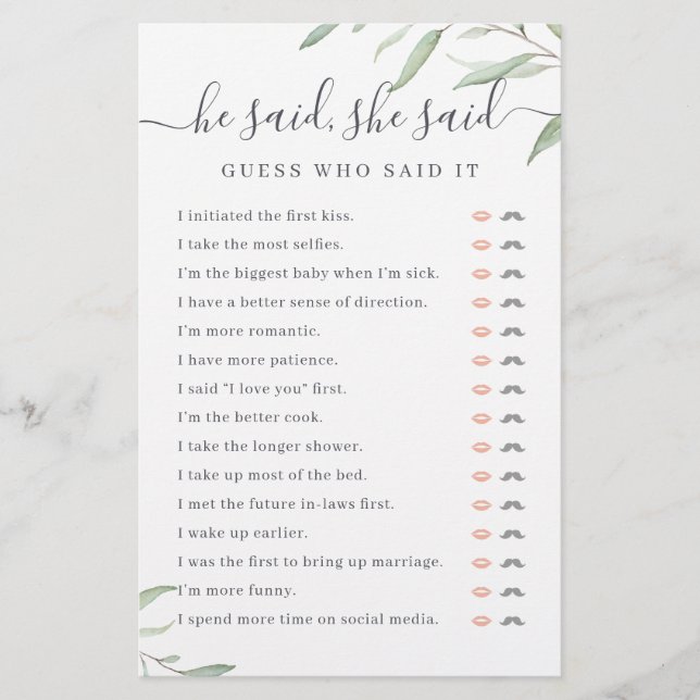 Verdure Il a dit Elle a dit jeu de douche nuptiale (Devant)