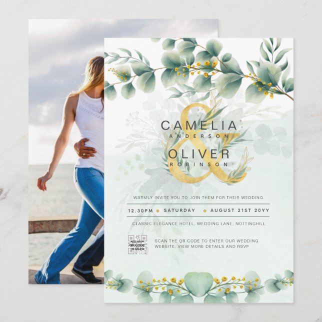 Verdure moderne Faire-part de mariage botanique or (Devant / Derrière)