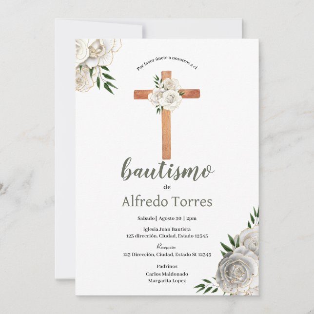 Verdure neutre Baptême floral blanc Invitation (Devant)