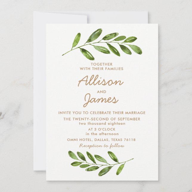 Verdure Wreath Feuilles Élégant mariage Invitation (Devant)