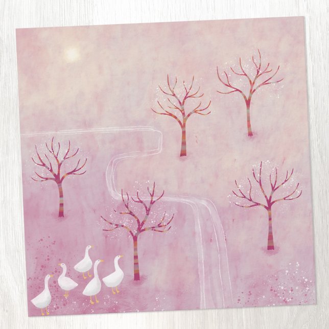 Verger rose avec carte de peinture paysage d'oies (Modern landscape painting of geese in an orchard in pink.  Contemporary art greetings card.)
