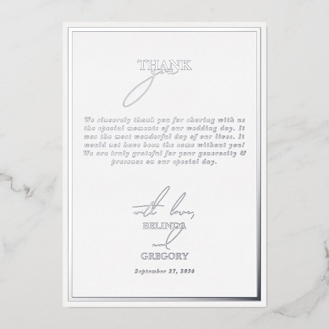 Véritable Carte de remerciements Mariage blanc à h (Recto)