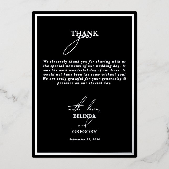 Véritable Carte de remerciements Mariage noir Silv (Recto)