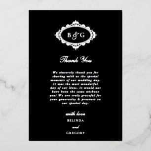 Véritable Carte de remerciements Mariage noir Silv