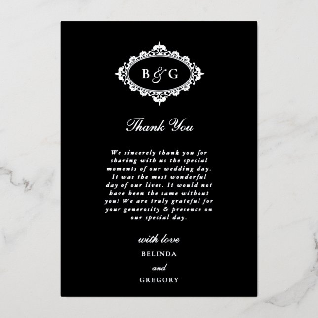 Véritable Carte de remerciements Mariage noir Silv (Recto)