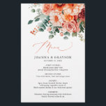 Verona Sunset Bright Orange Modern Mariage Menu<br><div class="desc">Célébrez votre journée spéciale avec ce menu de mariage élégant,  avec une belle aquarelle design floral dans des tons doux pêche,  corail,  et roux. Parfait pour un thème romantique et inspiré du jardin. Pour la personnalisation ou des produits supplémentaires avec ce design,  n'hésitez pas à me contacter.</div>