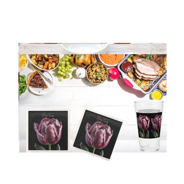 Verre 16 0z "Elegant Purple Tulip" Style américain - Ver (Elegant coaster  with a sleek, smooth glass top, and matching glass.)