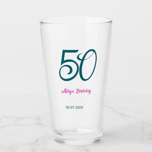 Verre 50e anniversaire ajouter nom année turquoise rose  (Devant)