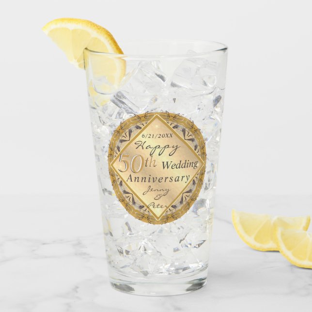 Verre 50e anniversaire Mariage Rose Golden Glass (Devant glace)