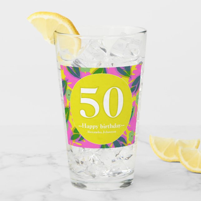 Verre 50e anniversaire tropical jaune coloré  (Devant glace)