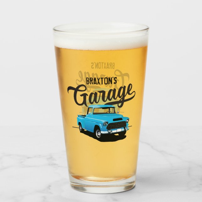 Verre à bière personnalisé camion vintage bleu (Devant (rempli))