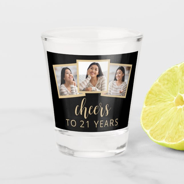 Verre A Shot 21e anniversaire 3-Photo Black Gold Script Cheers (Devant)