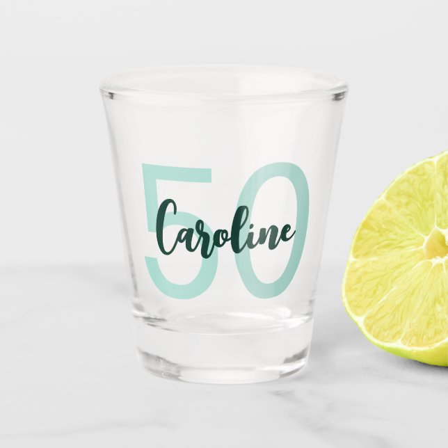Verre A Shot 50e anniversaire personnalisé Script Turquoise mod (Devant)