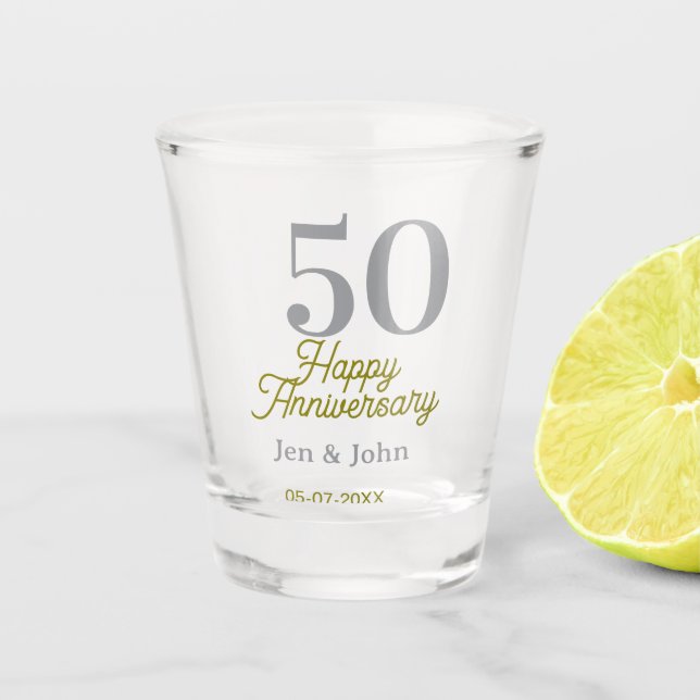 Verre A Shot 50e joyeux anniversaire nom date argent or date  (Devant)