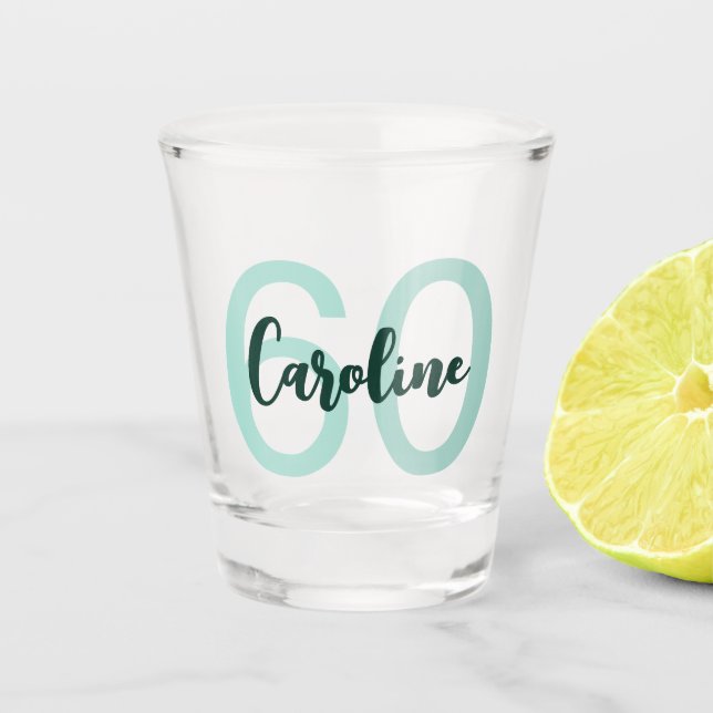 Verre A Shot 60e anniversaire personnalisé Script Turquoise mod (Devant)