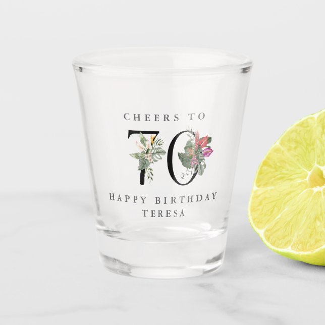 Verre A Shot 70e anniversaire Cheers avec nom Tropical Floral (Devant)
