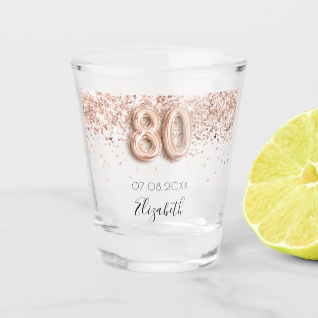 Verre A Shot 80e anniversaire rose or blush confetti nom (Devant)