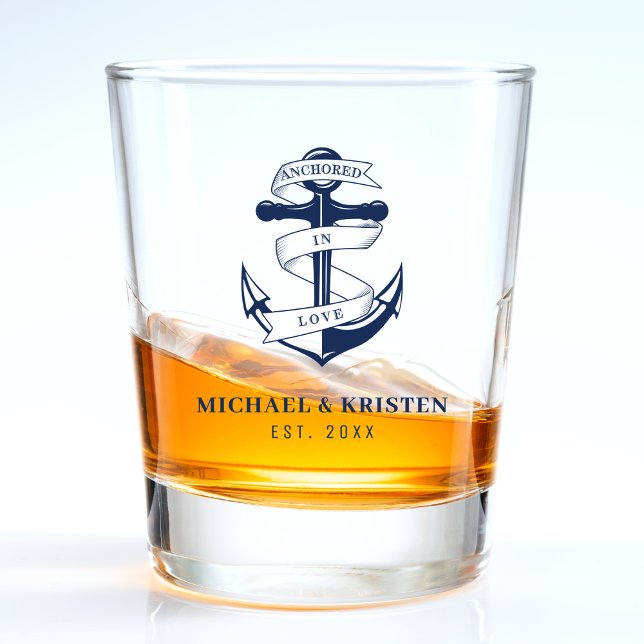 Verre A Shot Ancré dans l'amour Ancre bleue marine de mariage  (Anchored in Love Nautical Blue Anchor Wedding Shot Glass
)