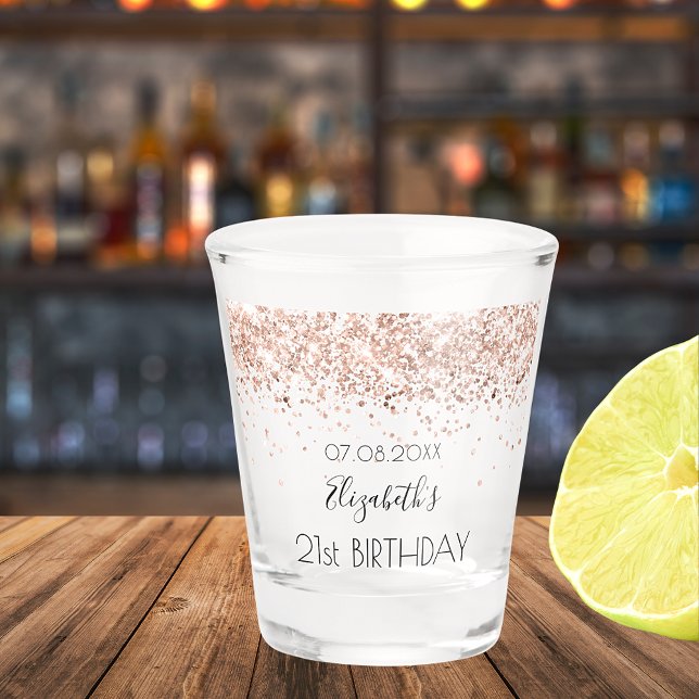 Verre A Shot Anniversaire fête rose or confetti nom (Créateur téléchargé)