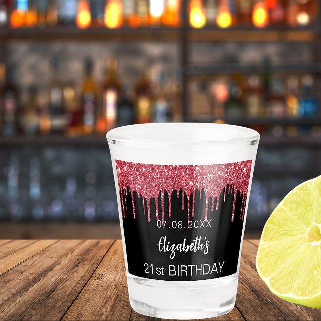 Verre A Shot Anniversaire noir rouge parties scintillant nom go (Créateur téléchargé)
