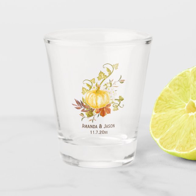 Verre A Shot Aquarelle Automne Citrouille et Feuille Mariage Fa (Devant)