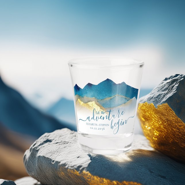 Verre A Shot Aquarelle Blue Gold Foil Mountain Mariage extérieu (Créateur téléchargé)