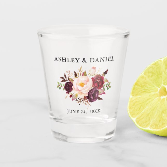Verre A Shot Aquarelle Bourgogne Mariage Floral (Devant)
