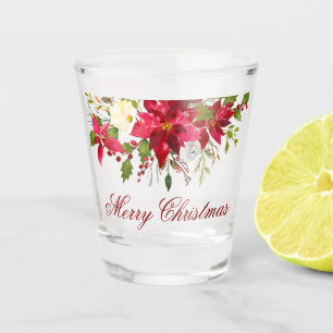 Verre A Shot Aquarelle Poinsettia Floral Noël Rouge Script