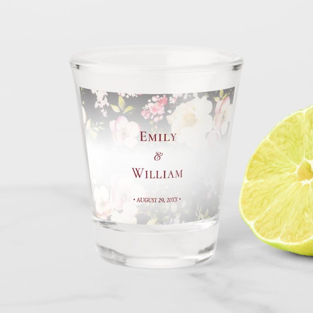 Verre A Shot Aquarelle rose Roses jaunes, noir flou, Mariage (Devant)