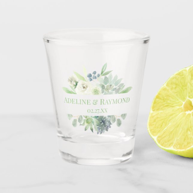 Verre A Shot Aquarelle Succulente Monogramme floral blanc (Devant)