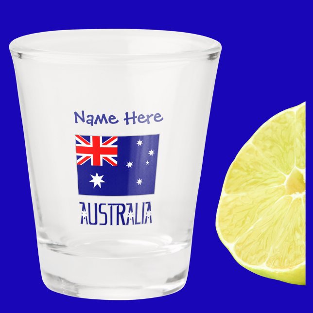 Verre A Shot Australie Drapeau bleu Personnalisation (Australian Flag on shot glass with words AUSTRALIA below in flag colors. Above, add name in blue.)