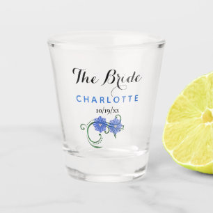 Verre A Shot Bachelorette Fête Mariée Mariage Fleurs Bleues