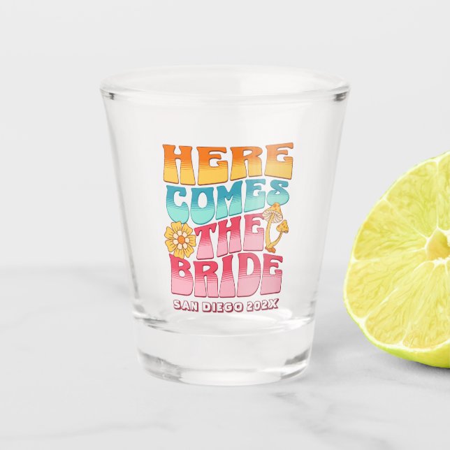 Verre A Shot Bachelorette Parti Super Retro Wavy Text Bride (Devant)