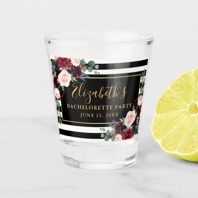 Verre A Shot Bachelorette Party Bourgogne bleu floral rayé (Devant)