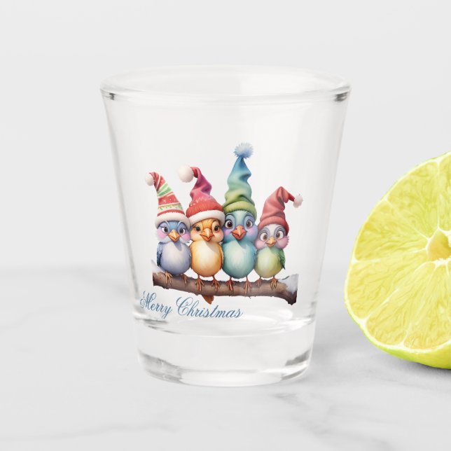 Verre A Shot Beaux oiseaux imaginaires avec casquettes de Noël. (Devant)