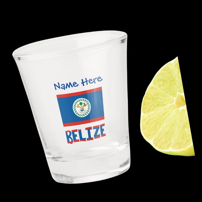 Verre A Shot Bélizienne Drapeau Bleu Personnalisation (Belizean Flag on shot glass has the word BELIZE below in flag colors. Add name above in blue text.)