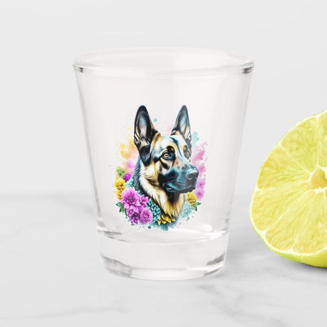 Verre A Shot berger allemand et fleurs ai art (Devant)