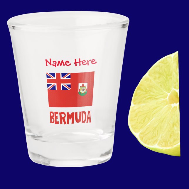 Verre A Shot Bermuda Bermudia Drapeau Personnalisation Rouge  (Bermudan Flag on shot glass has the word BERMUDA below in flag colors. Add name above in red text.)